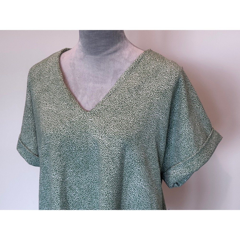 Melloday Womens Sage Green Speckled V-Neck Cuffed Short Sleeve Zipper Back Top L - Picture 2 of 4